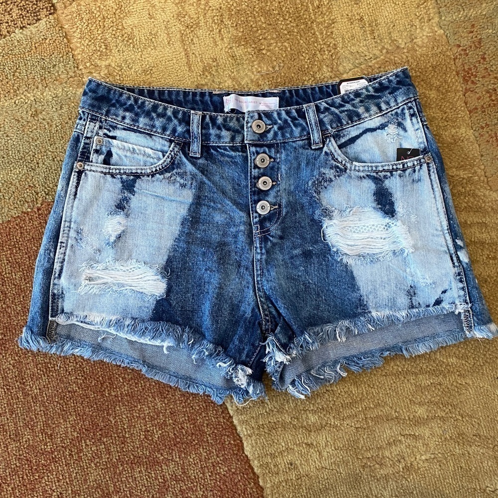 NOBO Women's Distressed Button Fly Acid Wash Jean Shorts - Blue